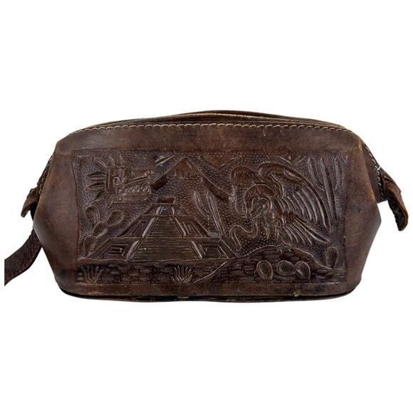 Vintage Dopp Bag/Toiletry Case Makeup Bag Hand Tooled Leather Roses Dragon Aztec - Picture 4 of 10